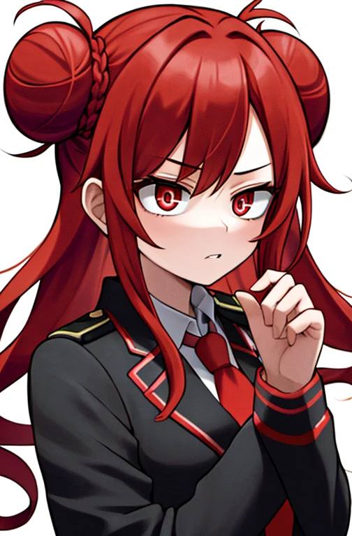horikoshi kouhei,Blurred background, boku no hero academia, Close-up, Young woman with long red hair with a bun, He wears a black jacket. Indifferent, bright red eyes, in school