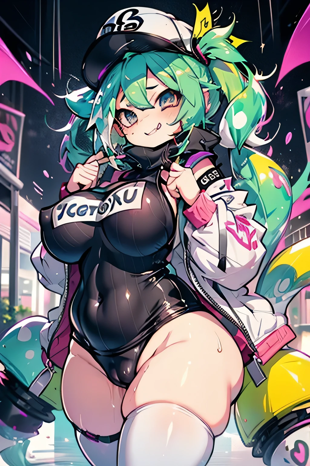 Erotic Anime Illustration、highest quality、Sex Appeal、Downtown Festival、Laughing with tongue out、A city covered in graffiti paint、Selling aphrodisiacs、Splatoon、A plump gal covered in ink、Perfect proportions、Very large breasts、Exposed nipples、Fatty legs、Beautiful, shining eyes、Exposing the vagina、Sweaty、Cowboy Shot、Hatsune Miku