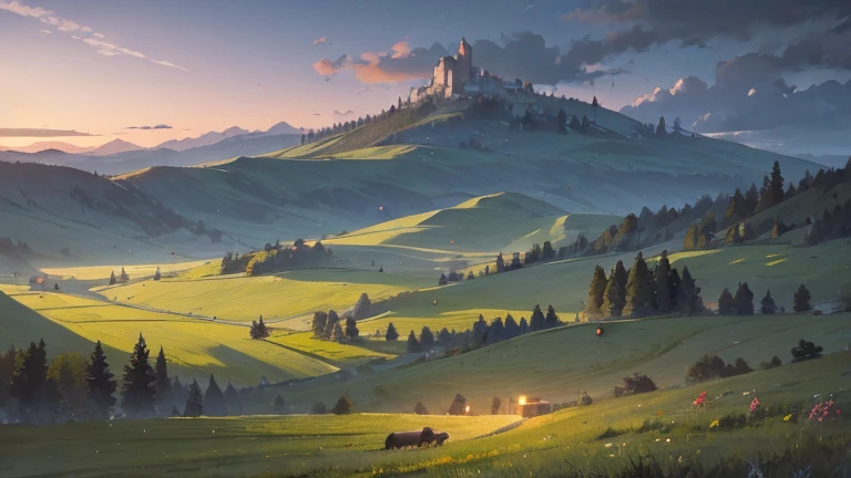 uninhabited natural slavic landscape at midnight, plains, a hill