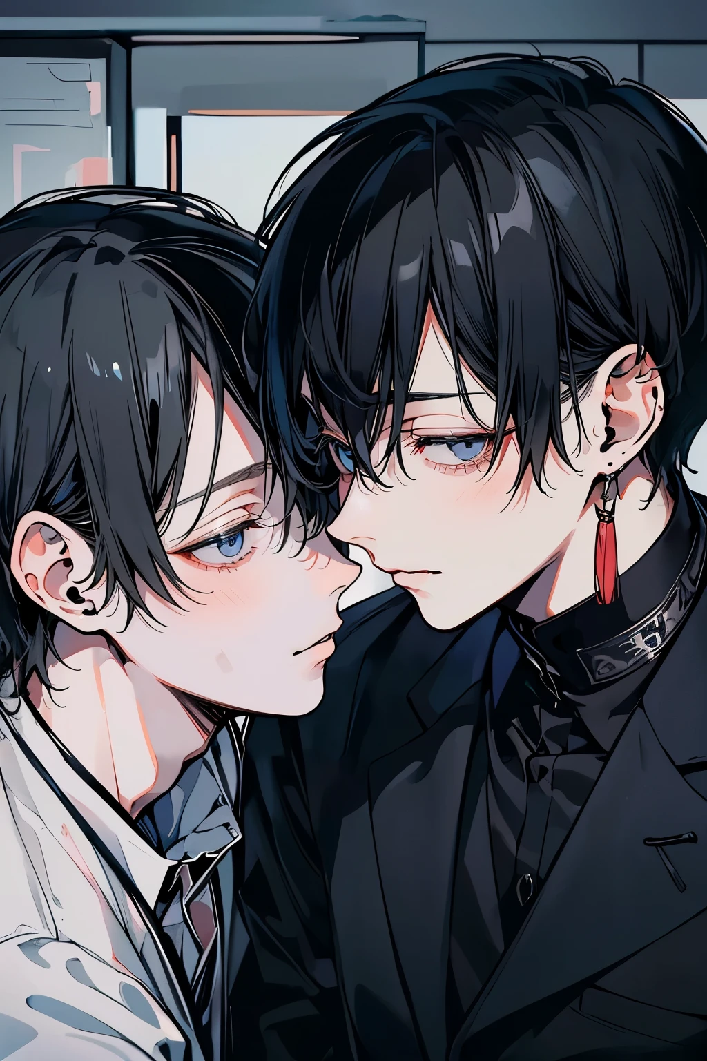 (Mastepiece), (Best Quality), Very detailed, ((Two men intimate:1.5)), Perfect Face, Beautiful Face, Very detailedな顔,(Black-haired man:1.3),(Grey-haired man:1.3)、suit