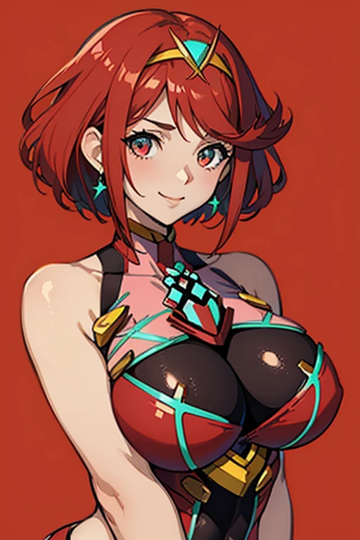 (masterpiece), best quality, expressive eyes, perfect face, busty, cleavage, large breasts, bare arms, smile, simple red background, muscular body, pyra, pyra \(xenoblade\)