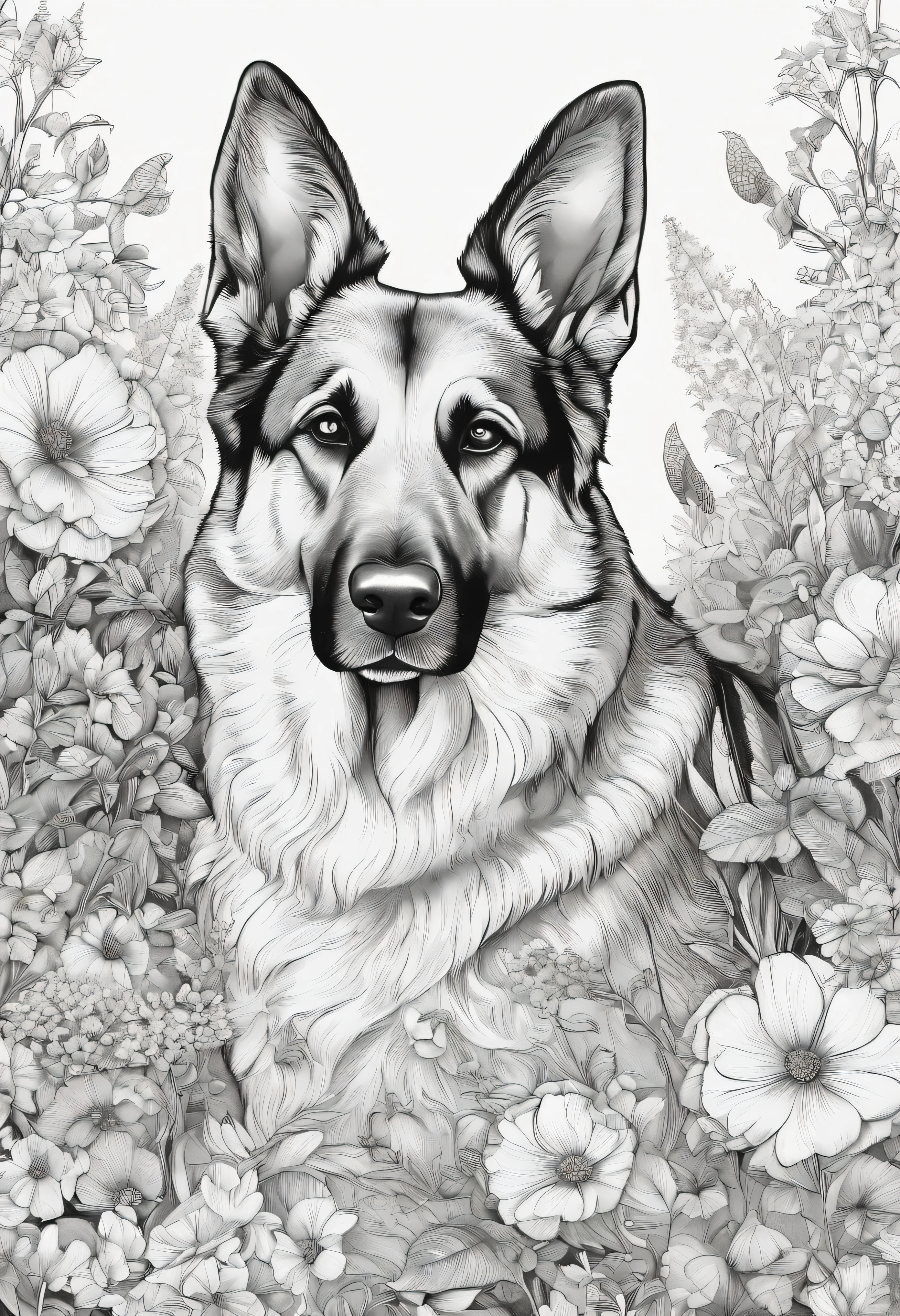 A drawing of a German Shepherd Dog in a field of flowers, Desenho de Desenho para colorir, Highly detailed illustration, Linework altamente detalhado, trabalho de linha extremamente detalhado, retrato altamente detalhado, trabalho de linha insanamente detalhado, arte de linha hiper detalhada, desenho altamente detalhado, line art colouring page, Highly detailed illustration.", retrato extremamente detalhado, high detailed illustration, Highly detailed artwork, desenho digital detalhado