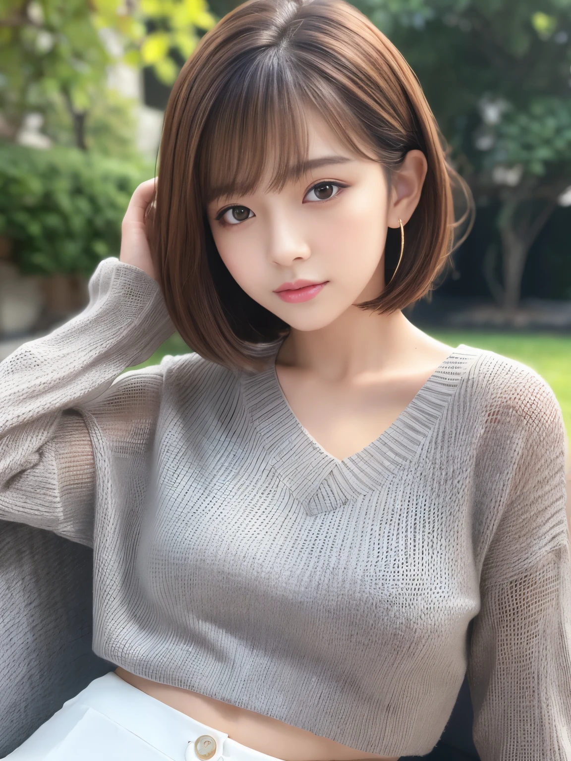 Ultra High Definition, Superior Quality, Premier Quality, ultra detailed, Photorealistic, 8k, RAW Photos, highest quality, masterpiece, Attractive Young girl, Angelic girl, Brown Hair, Korean idol, Short Hair, Mesh Hair, glossy lips, natural makeup, Japanese Idol, Sophisticated, Stylish, model posing, gray knit, 