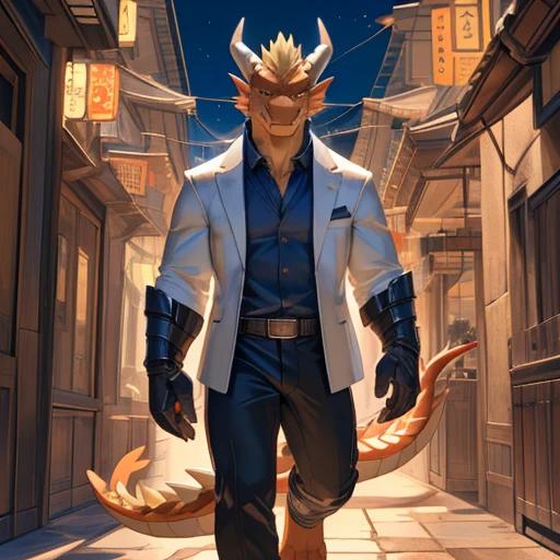 
(masterpiece, best quality, high quality, highres:1.4), detailed, extremely detailed, ambient soft lighting, 4K, by (by Pino Daeni, (by ruaidri), yupa, kiyosan,(by meesh), (by fffffolder)), delga: (slim, athletic, dragon, orange body, smooth skin, athletic muscle, anthro legs, (dragon feet), (toe claw), gold eyes, blonde spikes, (detailed eyes), demon horn, dragon tail, tall, good hands, perfect face, (clothing, smiling, solo, (topwear: white suit), handwear:(no gloves), bottomwear:(pants:black pants, [[leg armor]]))), handsome, closed_mouth, ((serious_look, serious)) tag:1boy), standing, portrait, front facing