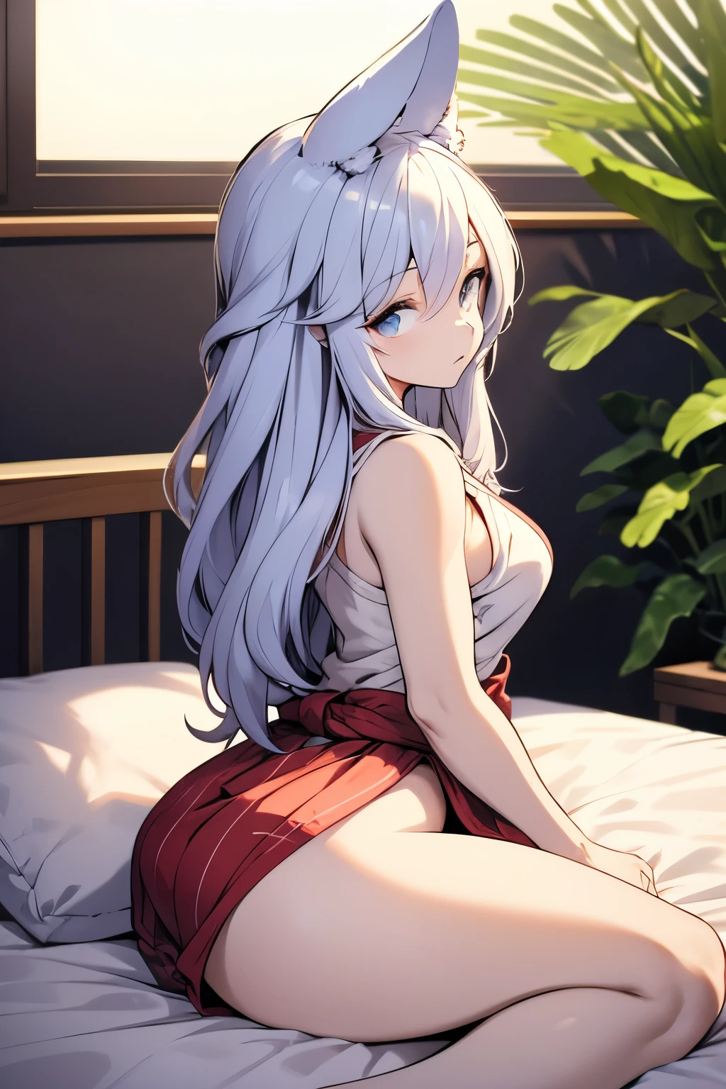 Adult women, Animal ears, 28 years old, women in her 20s, laying down in bed, wearing hakama, perfect anatomy perfect figure, perfect ass, perfect anatomy 