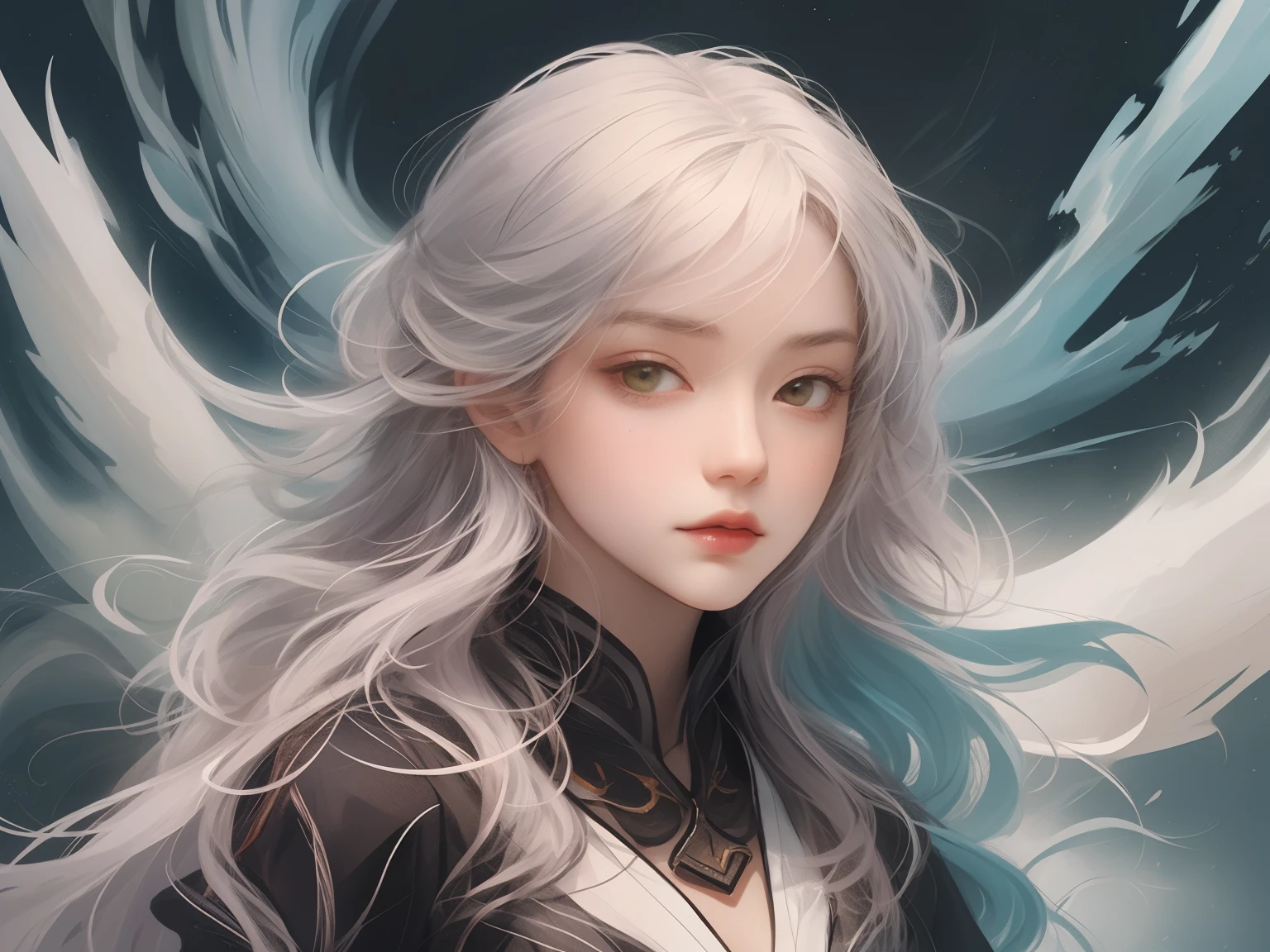 (from above), (dynamic pose), (((white cloud background))), (((high saturation))), ((surrounded by color splashes))) (RAW photo, best quality), (realistic, photo fidelity: 1.3), best quality, highly detailed, masterpiece, hyperdetail, illustration, (1girl: 1.3), (8k, original photo, best quality, masterplece), (photon mapping, radiometry, physically based rendering, auto white balance), ultra-detailed, Beautiful and aesthetic, beautiful, masterpiece, best quality, close-up of a woman with white hair and white mask, beautiful figure painting, Guvitz, Guvitz style artwork, white-haired god, Yang J, epic exquisite character art, stunning character art, Fan Qi, Wu Zhun Shifan, Gu Vitz in pixiv art station, many colors, upper body, white clothes, chiness clothes