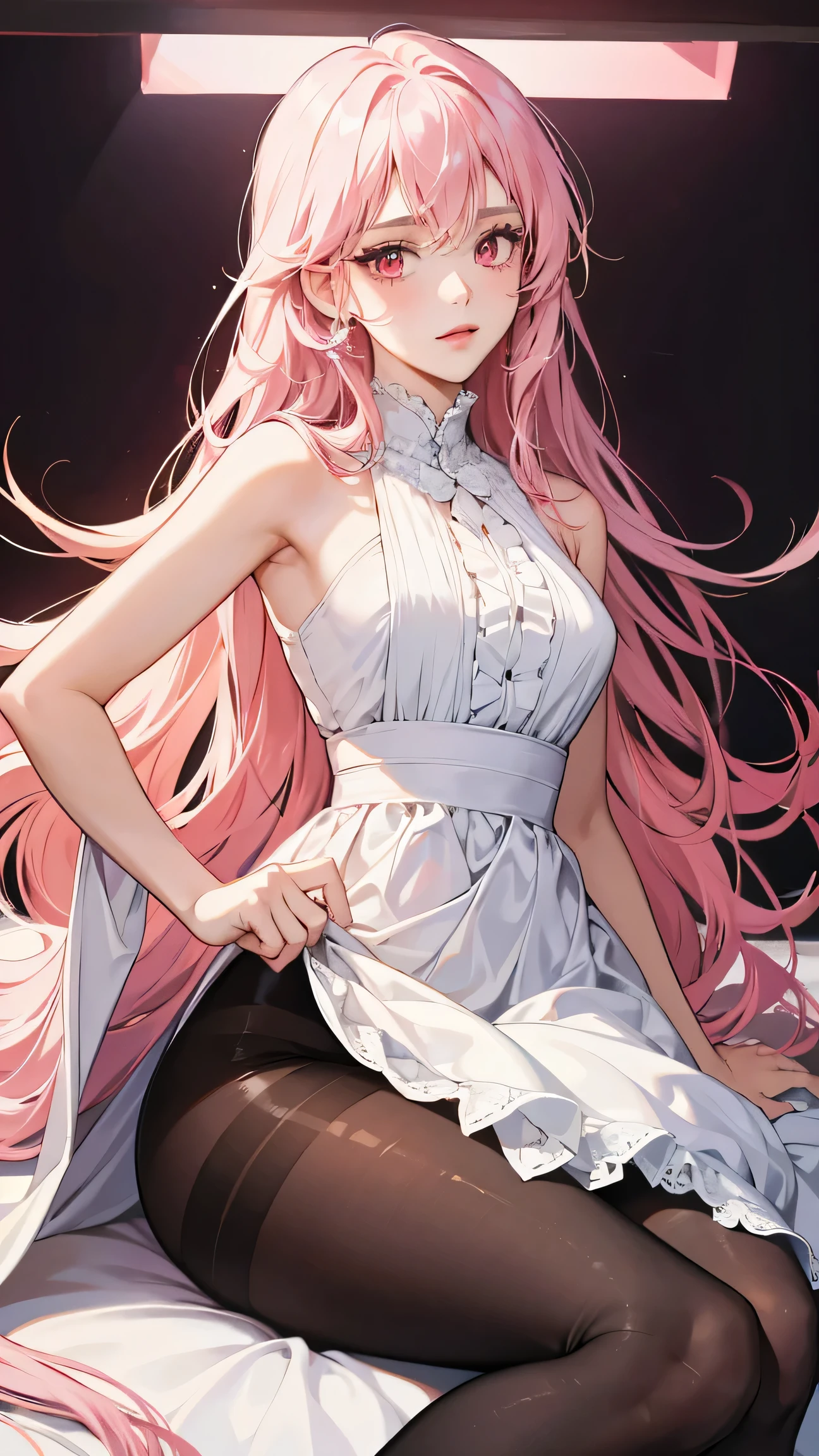 1girl, 30 years old, princess, white dress, , pink hair, long hair, red eyes, black pantyhose, sexy, seductive, stoic