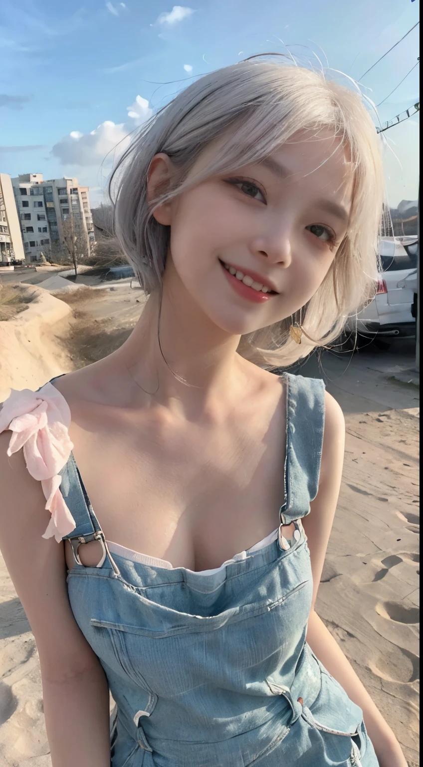 Best image quality、RAW Photos、超A high resolution、21 years old Korean、Small breasts、Dynamic Angle、Cowboy Shot、Chaos in its most beautiful form、elegant、Brutalist Design、Vibrant colors、Beautiful white hair、Short Bob、smile、fun、smile、Glowing White Skin、Beautiful eyes with random colors、Very thin lips、Beautiful eyes in every detail、length, Narrow eyes、Cheeks are pale pink、length eyelashes、Beautiful double eyelids、eye shadow、Bright white hair、Overalls、Sandy Beach、null、Shooting from below at an angle、Low - Angle、The wind is blowing、Hair fluttering