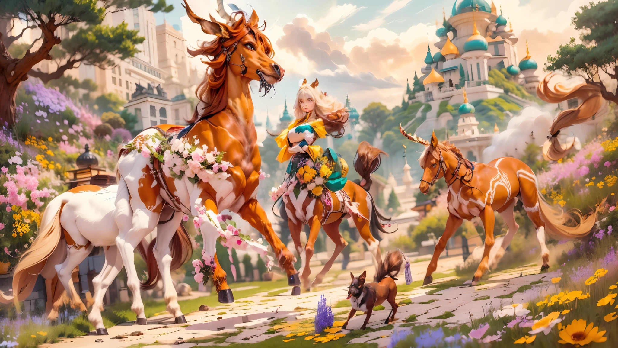 In the beautiful illustration of this super-grand scene，The ultra-distant lens shows us（More than eight distinctive and beautiful Centaur characters：2.7），Their personality、Distinctive and vivid features。from（A radiant, angelic, snow-white centaur from heaven：1.1），arrive（Nightmare-like fiery red centaur surrounded by flames：1.1）、再arrive（Green Centaur, the wind fairy dancing in the air：1.1）、再arrive有（One-horned blue centaur surrounded by lightning：1.1），arrive（A mechanical-style mecha Centaur shining with metallic light：1.1）、再arrive（A powerful dragon-shaped centaur wearing colorful dragon scale leather：1.1）、再arrive（A slender elven centaur that is graceful and agile：1.1）Gracefully wears a flower crown、arrive（Enchanting and charming Tiflin centaurs：1.1）、再arrive（A succubus centaur with an indescribably sexy feeling：1.1）。Each Centaur character fully demonstrates his unique style。The illustration uses advanced artistic techniques and tools，Use nesting、Weaving、Splicing、perspective、interlude、Montage and other artistic techniques，Divide the scene into sections by geometric arrangement，Each part corresponds to a role，from而更有效地利用了空间，Make eight centaurs exist in one picture at the same time，（The style tends to be grotesque、Hayao Miyazaki、Aesthetic、indescribable：3.3）。Through Midjourney's advanced brush tools、Color palette、Material packs和模型包、Texture tools，For each centaur, beautiful props are designed to increase racial characteristics、Clothing and physical features，Enhances the character's personality and visual appeal，（Stunning landscapes in illustrations，There are changing skies、rainbow、aurora、Stars and Moon，Incorporating iconic landmarks such as Mount Everest，and fireworks、Tranquil Lake、Natural and urban elements of waves and neon lights，Creates a magical atmosphere：1.5），Centaurs demonstrate their unique abilities and equipment in a variety of environments，This is true even in extreme alien landscapes。Use Midjourney's tools、Material packs、Texture tools、The color palette makes depicting details vivid and realistic，from复杂的发型和以及不同的种族特质、Body、Appearance features、服装arrive真实的纹理，Greatly improved the realism of the Centaurs and their surroundings，The fusion of multiple art styles adds dynamism to the character&#39;s movement at all angles，The overall visual experience is further enriched。The final illustration was described as a "masterpiece"，It has the characteristics of "best quality" and "realistic"，The details put into the creative process are shown、Level of creativity and craftsmanship。 hdr，（Reality，Masterpiece quality，Best quality）