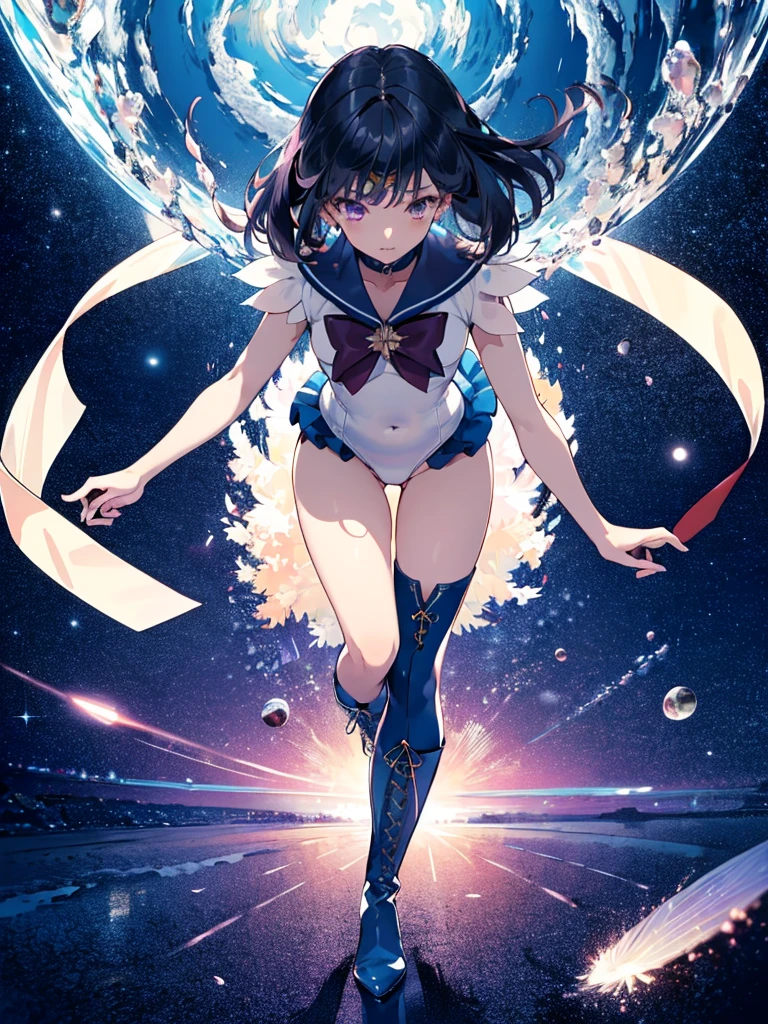 (full body),1 girl，solo，Sailor Saturn, purple Sailor collar, Sailor collar, Sailor Warrior Uniform,White leotard，Elbow Handbags，Braided knee-high boots，Black Hair，Bobcut，Gold tiara on forehead, Tomoe Hotaru, space, (Highest_quality:1.2), (Ultra_detailed:1.3), 8k, very_clear, Dynamic Shot，Kung Fu Pose，Highestquality, High resolution, unity 8k wallpaper, (shape:0.8), (Beautiful and fine grain:1.6), verydetailedな顔, Perfect Sentence, detailedなCG, (Perfect hands, Perfect Anatomy),Thick thighs, Squat，Spread your legs，Dynamic Angle, (From behind,Bent over, ),Looking down，From below，