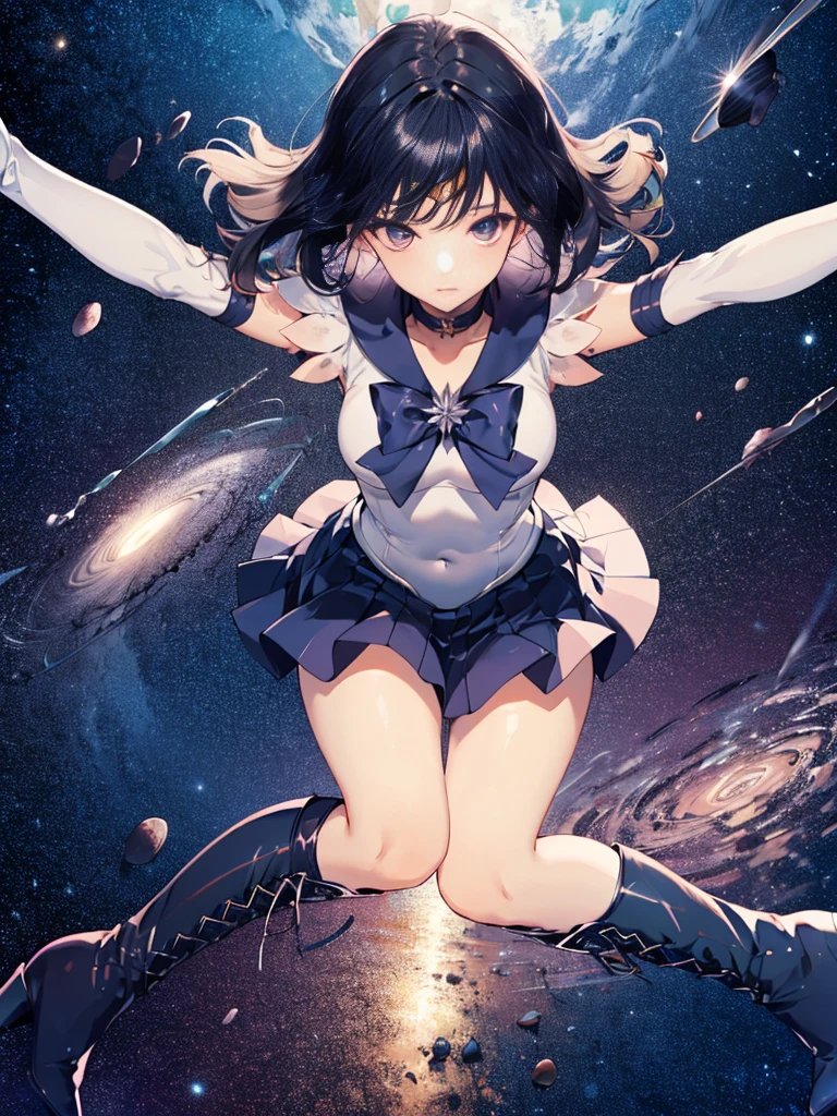 (full body),1 girl，solo，Sailor Saturn, purple Sailor collar, Sailor collar, Sailor Warrior Uniform,White leotard，Elbow Handbags，Braided knee-high boots，Black Hair，Bobcut，Gold tiara on forehead, Tomoe Hotaru, space, (Highest_quality:1.2), (Ultra_detailed:1.3), 8k, very_clear, Dynamic Shot，Kung Fu Pose，Highestquality, High resolution, unity 8k wallpaper, (shape:0.8), (Beautiful and fine grain:1.6), verydetailedな顔, Perfect Sentence, detailedなCG, (Perfect hands, Perfect Anatomy),Thick thighs, Squat，Spread your legs，Dynamic Angle, (From behind,Bent over, ),Looking down，From below，