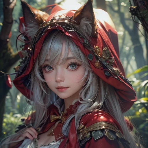 Standing in the forest、Hair flow、 ((highest quality、masterpiece、8k、Best image quality、Ultra-high resolution、Award-winning works)、(Accurate anatomy:1.1)、(Look at me and smile:1.1)、Shining fair skin with Ultra-high resolution、The most detailed face、Ultra-high resolution detailed face、Ultra-high resolutionの髪の毛、(Ultra-high resolution eye:1.1)、Beautiful face drawn in every detail、little red riding hood Costumes , Chest to chest, Strange atmosphere, A real werewolf stares at her....., Dark Light, in the forest , Heavy makeup
