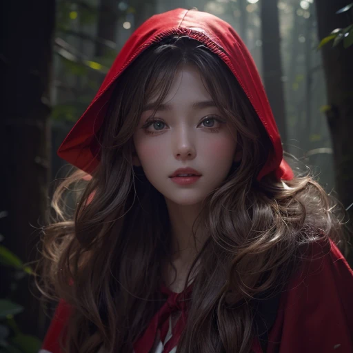 Standing in the forest、Hair flow、 ((highest quality、masterpiece、8k、Best image quality、Ultra-high resolution、Award-winning works)、(Accurate ???????:1.1)、(Look at me and smile:1.1)、Shining fair skin with Ultra-high resolution、The most detailed face、Ultra-high resolution detailed face、Ultra-high resolutionの髪の毛、(Ultra-high resolution eye:1.1)、Beautiful face drawn in every detail、little red riding hood　Costumes , Chest to chest,  Strange atmosphere, A real werewolf stares at her....., Dark Light, in the forest , Heavy makeup 