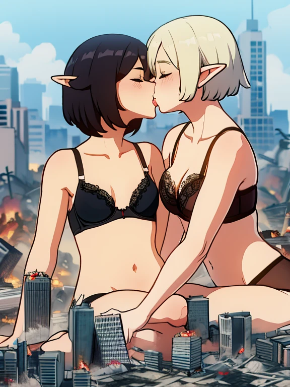 Giantess cute elf couple kissing on top of miniature city, city destruction, lace bra , lesbian sex, buidings in bra,Cute clothes sext