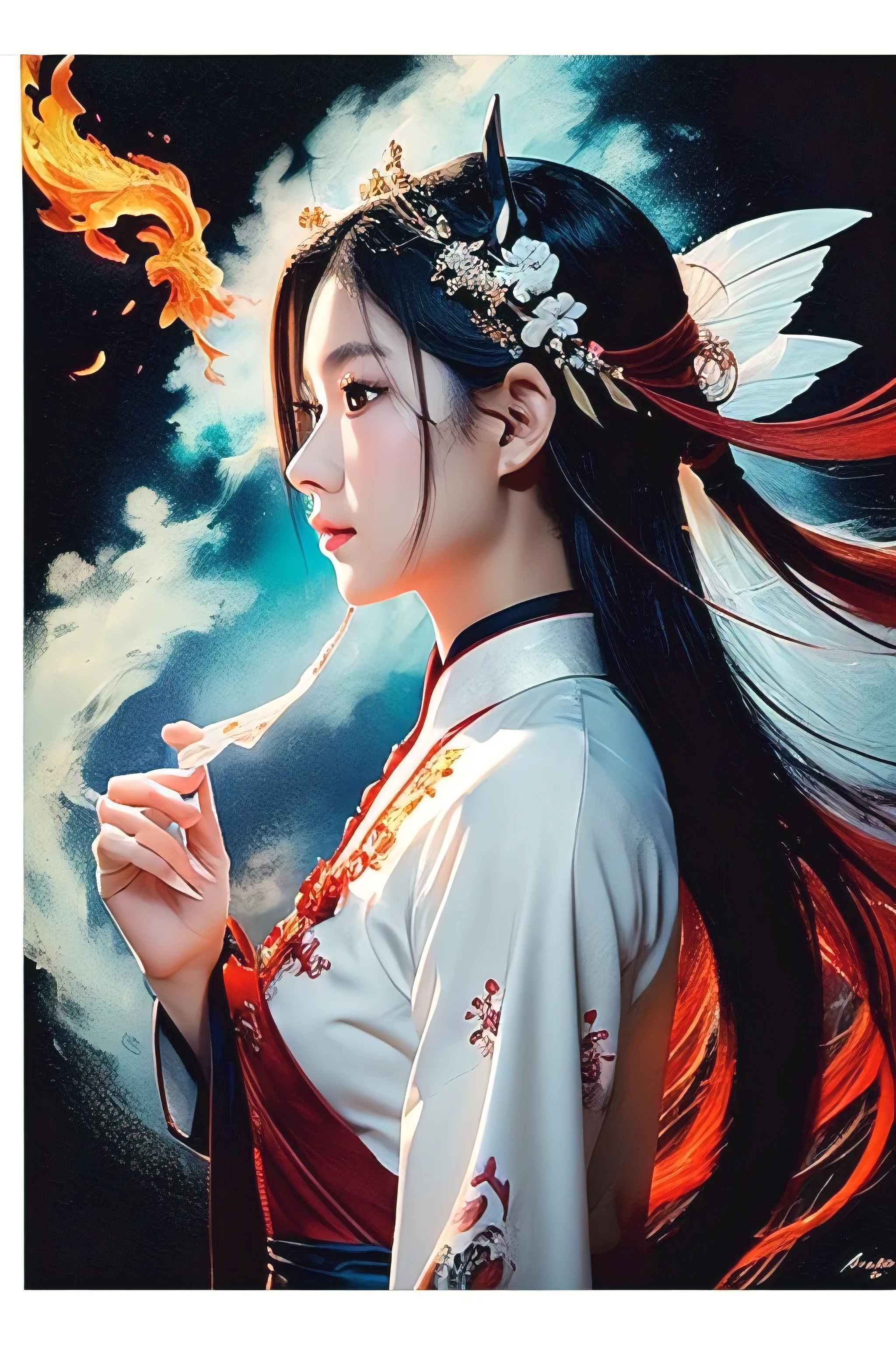(Divine Beast), Nine-Tailed Fox, Dynamic Body Type, (Chinese Monster), good looking, splashed Ink, Chinese, One girl, ((whole body), ((2.5D)), Floating Hair, Beautiful Eyes, Delicate eyes, Delicate silhouette, Fantasy art, (Antique black and red brocade hanfu), Fob, (masterpiece), Front shot, profile, White Background, (Movie Posters), sharp, splash, cloud, petal, null, null, (Wide-angle lens), Overlooking