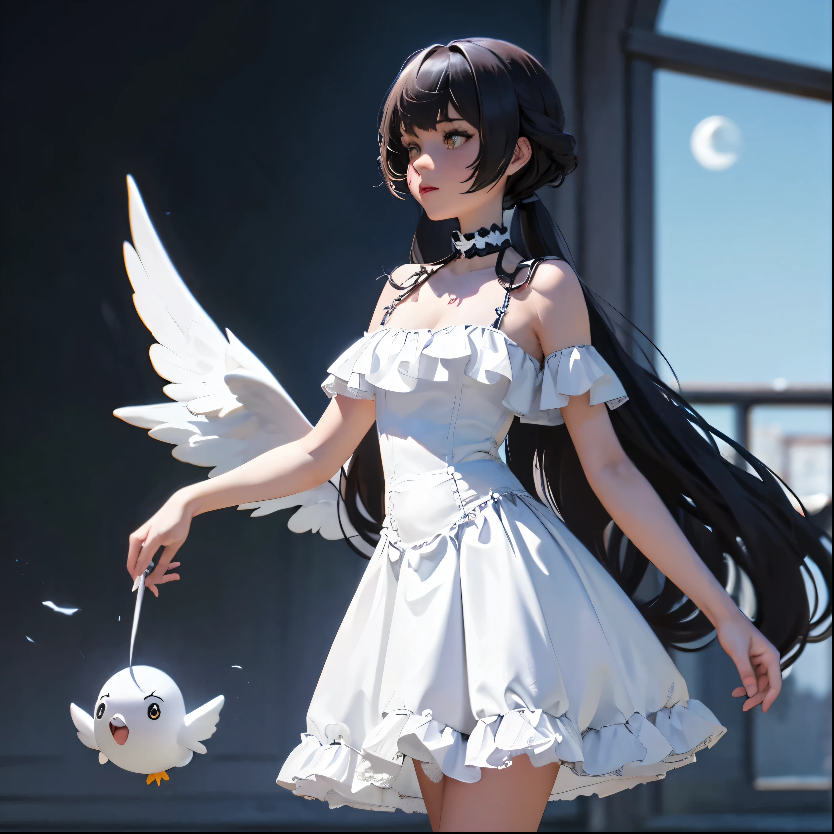 Black and white cartoon characters with a cat and a bird, Benedict Barna, Dark high contrast concept art, Dark Witch Character, Whole body concept, Dark Concept Art, Dark dress, A complete portrait of an elementalist, Dark Witch Panorama, Dark fantasy character design, dark fantasy style, Concept works, Illustration Concept Art, beautiful Whole body concept art,White bird and black cat,White Dress