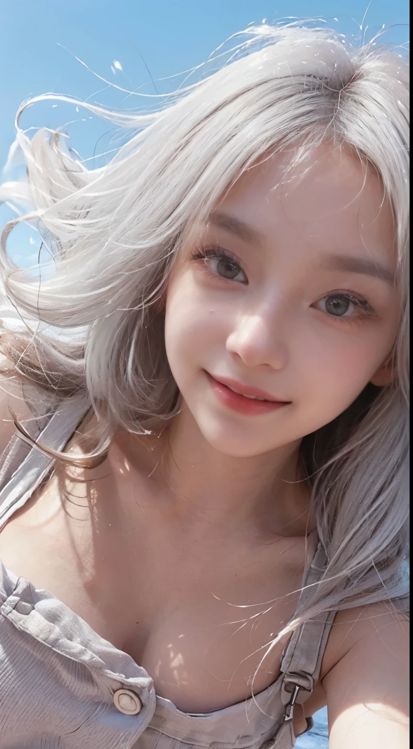 Best image quality、RAW Photos、超A high resolution、21 years old Korean、Small breasts、Dynamic Angle、Cowboy Shot、Chaos in its most beautiful form、elegant、Brutalist Design、Vibrant colors、Beautiful white hair、Short Bob、smile、fun、smile、Glowing White Skin、Beautiful eyes with random colors、Very thin lips、Beautiful eyes in every detail、length, Narrow eyes、Cheeks are pale pink、length eyelashes、Beautiful double eyelids、eye shadow、Bright white hair、Overalls、Sandy Beach、null、Shooting from below at an angle、Low - Angle、The wind is blowing、Hair fluttering
