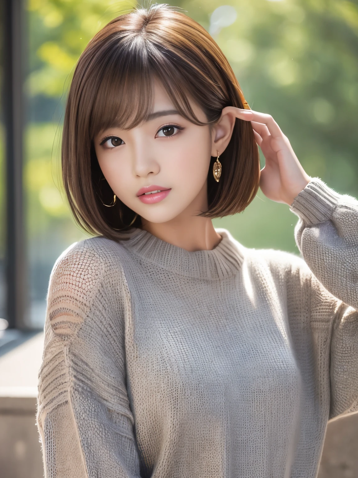 Ultra High Definition, Superior Quality, Premier Quality, ultra detailed, Photorealistic, 8k, RAW Photos, highest quality, masterpiece, Attractive Young girl, Angelic girl, Brown Hair, Korean idol, Short Hair, Mesh Hair, glossy lips, natural makeup, Japanese Idol, Sophisticated, Stylish, model posing, gray knit, 