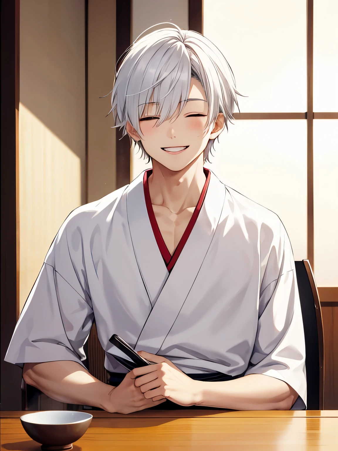 1boy,Holding a chair, in the Japanese dining room, smile,cool style,side parted hair,18 years old,Sitting in a Japanese house, at night,wearing white kimono,guy, at night,close up photo,handsome,side parted hair,short hair, straight hair, white hair, vampire, closed eyes,ultra detailed, ultra HD