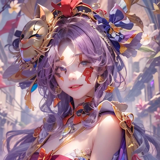 Hiding at the masquerade、Hair flow、 ((highest quality、masterpiece、8k、Best image quality、Ultra-high resolution、Award-winning works)、(Accurate anatomy:1.1)、(Look at me and smile:1.1)、Shining fair skin with Ultra-high resolution、The most detailed face、Ultra-high resolution detailed face、Ultra-high resolutionの髪の毛、(Ultra-high resolutionの煌めく瞳:1.1)、Beautiful face drawn in every detail、(Blurred Background:1.1)、Cheerful clown costume, Chest to chest, tattoo,、Wearing a Venetian mask