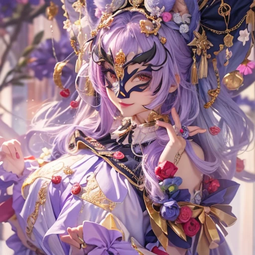 Hiding at the masquerade、Hair flow、 ((highest quality、masterpiece、8k、Best image quality、Ultra-high resolution、Award-winning works)、(Accurate anatomy:1.1)、(Look at me and smile:1.1)、Shining fair skin with Ultra-high resolution、The most detailed face、Ultra-high resolution detailed face、Ultra-high resolutionの髪の毛、(Ultra-high resolutionの煌めく瞳:1.1)、Beautiful face drawn in every detail、(Blurred Background:1.1)、Cheerful clown costume, Chest to chest, tattoo,、Wearing a Venetian mask