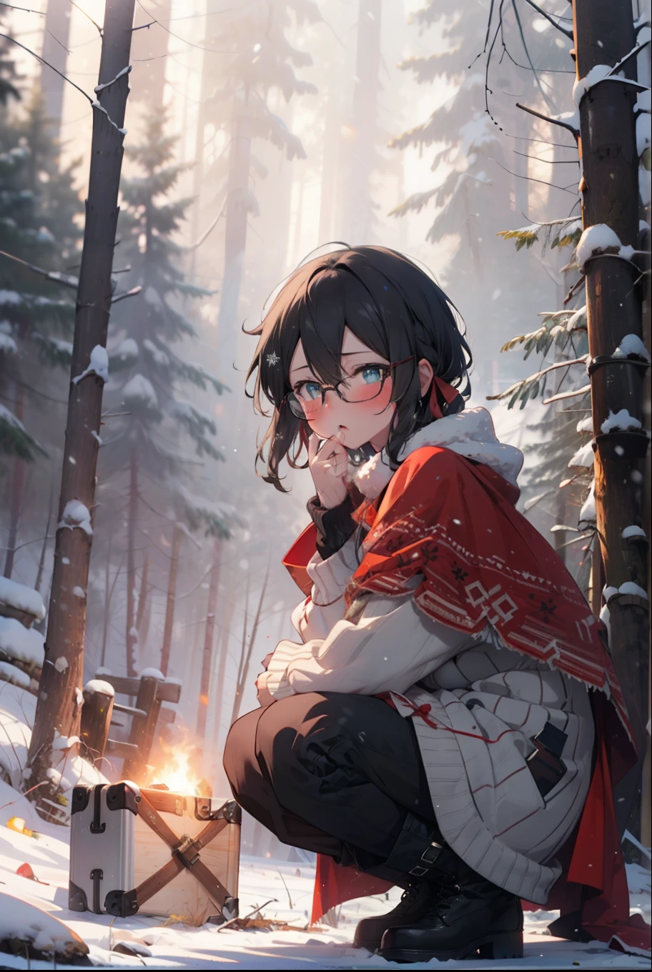 Shino Asada, Shino Asada, (black eye:1.5), Black Hair, Hair between the eyes, Hair Ribbon, short hair, Side Lock, Glasses, (Small breasts:1.2),blush,White Breath,
Open your mouth,snow,Ground bonfire, Outdoor, boots, snowing, From the side, wood, suitcase, Cape, Blurred, having meal, forest, White handbag, nature,  Squat, Mouth closed, Cape, winter, Written boundary depth, Black shoes, red Cape break looking at viewer, Upper Body, whole body, break Outdoor, forest, nature, break (masterpiece:1.2), highest quality, High resolution, unity 8k wallpaper, (shape:0.8), (Beautiful and beautiful eyes:1.6), Highly detailed face, Perfect lighting, Extremely detailed CG, (Perfect hands, Perfect Anatomy),