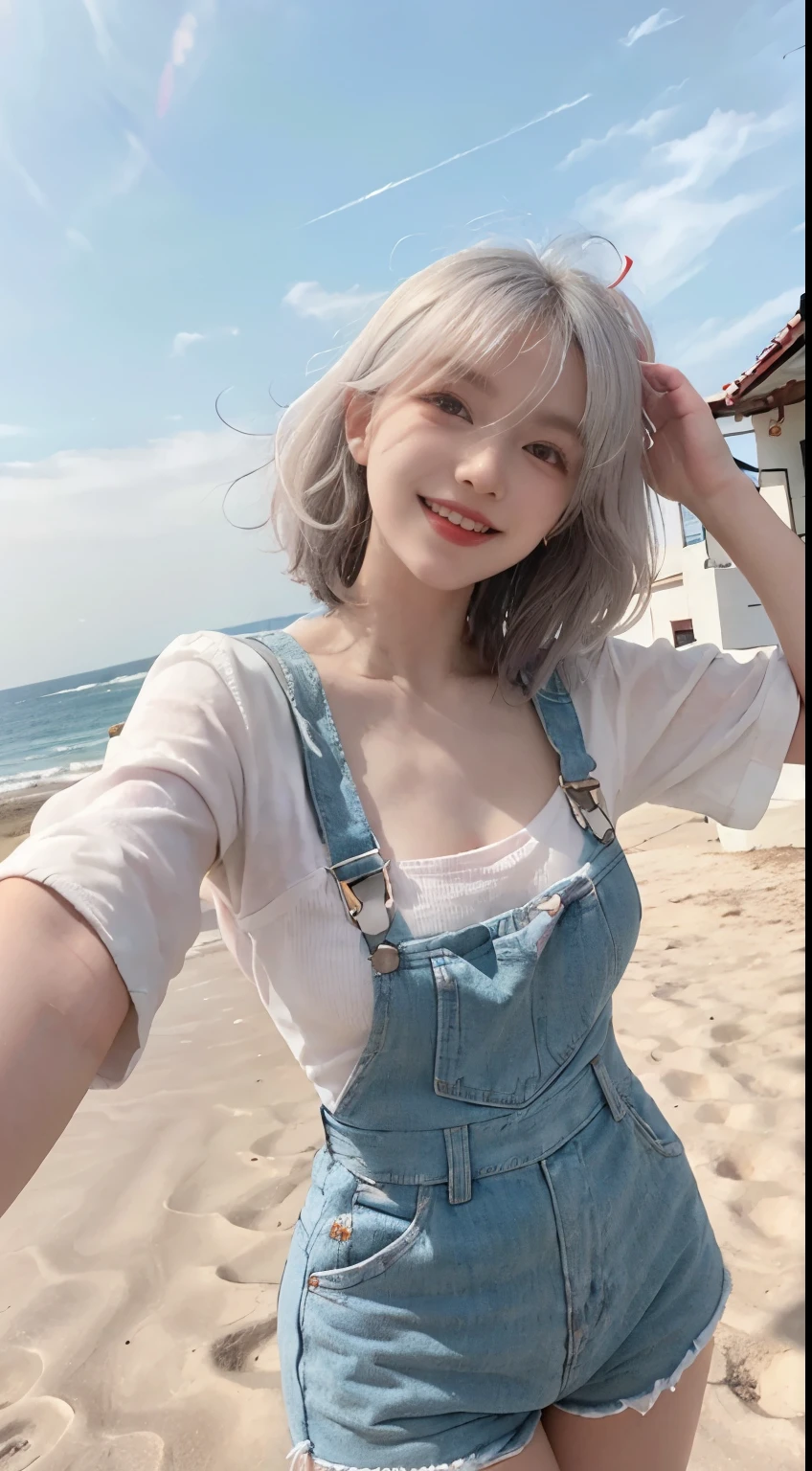 Best image quality、RAW Photos、超A high resolution、21 years old Korean、Small breasts、Dynamic Angle、Cowboy Shot、Chaos in its most beautiful form、elegant、Brutalist Design、Vibrant colors、Beautiful white hair、Short Bob、smile、fun、smile、Glowing White Skin、Beautiful eyes with random colors、Very thin lips、Beautiful eyes in every detail、length, Narrow eyes、Cheeks are pale pink、length eyelashes、Beautiful double eyelids、eye shadow、Bright white hair、Overalls、Sandy Beach、null、Shooting from below at an angle、Low - Angle、The wind is blowing、Hair fluttering