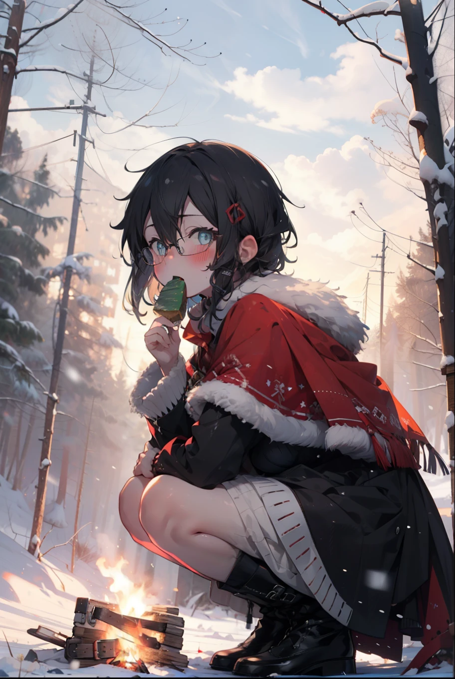 Shino Asada, Shino Asada, (black eye:1.5), Black Hair, Hair between the eyes, Hair Ribbon, short hair, Side Lock, Glasses, (Small breasts:1.2),blush,White Breath,
Open your mouth,snow,Ground bonfire, Outdoor, boots, snowing, From the side, wood, suitcase, Cape, Blurred, having meal, forest, White handbag, nature,  Squat, Mouth closed, Cape, winter, Written boundary depth, Black shoes, red Cape break looking at viewer, Upper Body, whole body, break Outdoor, forest, nature, break (masterpiece:1.2), highest quality, High resolution, unity 8k wallpaper, (shape:0.8), (Beautiful and beautiful eyes:1.6), Highly detailed face, Perfect lighting, Extremely detailed CG, (Perfect hands, Perfect Anatomy),