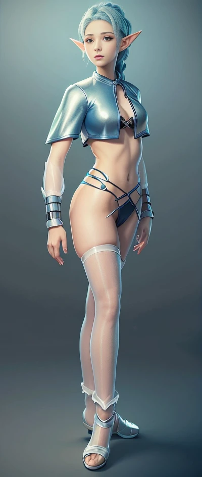 Blue Hair Surrealism, Elf character list, Reference Table, Standing painting, 8k, Super Detail, 1080P, Women HD, 4K, 8k, 16k, high resolution, best quality, high quality, Anatomically correct, masterpiece, precise, Ultra HD,grace,Unreal Engine,Delicate face,Long braids,slim,Long legs,miniskirt