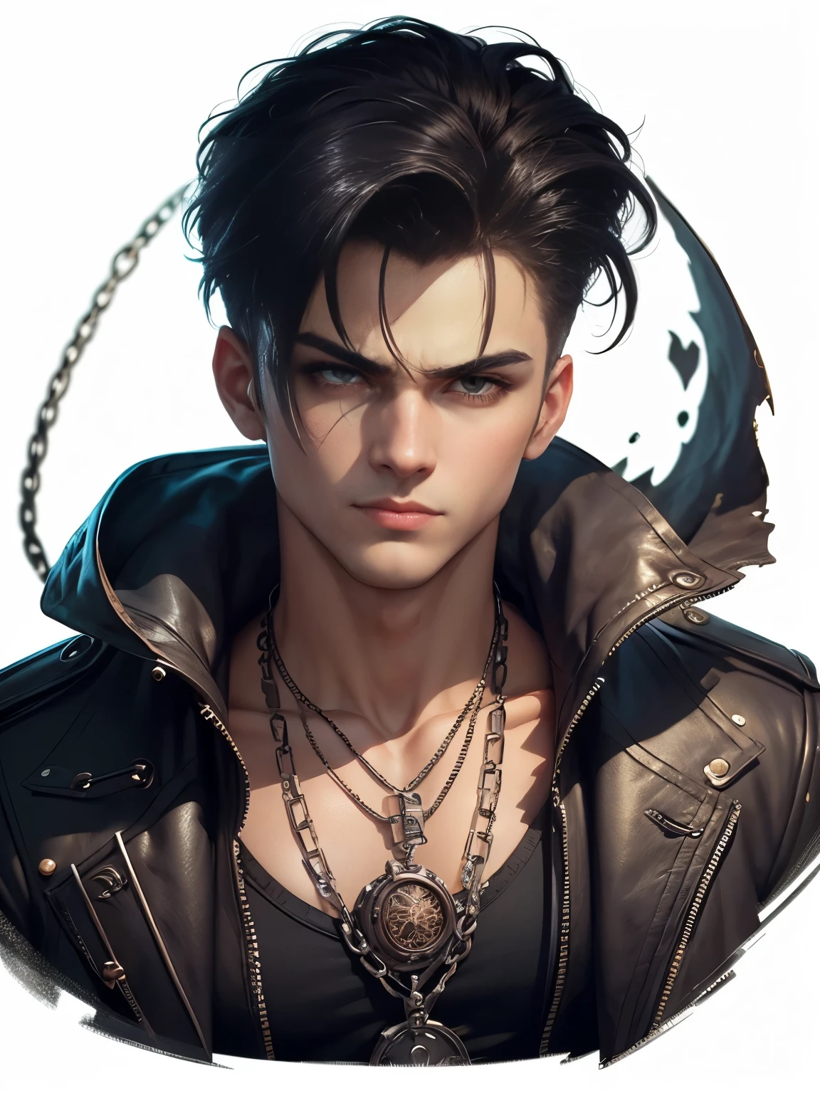 Create an extravagant portrayal of a guy in Gothic style, emphasizing the guy theme. The design should feature Gothic elements such as lace, chains, and Victorian details, showcasing an elegant and intricate style. Utilize a color palette of black, white, and pastel tones to capture the unique Gothic aesthetic. The design must be eye-catching, with the guy centered in the image against a white background. he should fit well within the space, ensuring he does not touch the edges of the canvas. No text should be included in the image.
