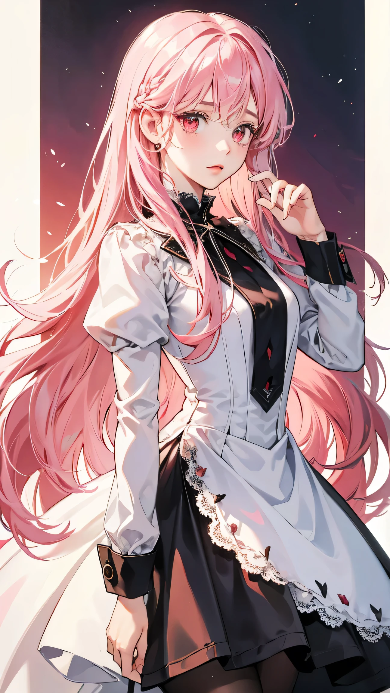 1girl, 30 years old, princess, white dress, , pink hair, long hair, red eyes, black pantyhose, stoic, egoist
