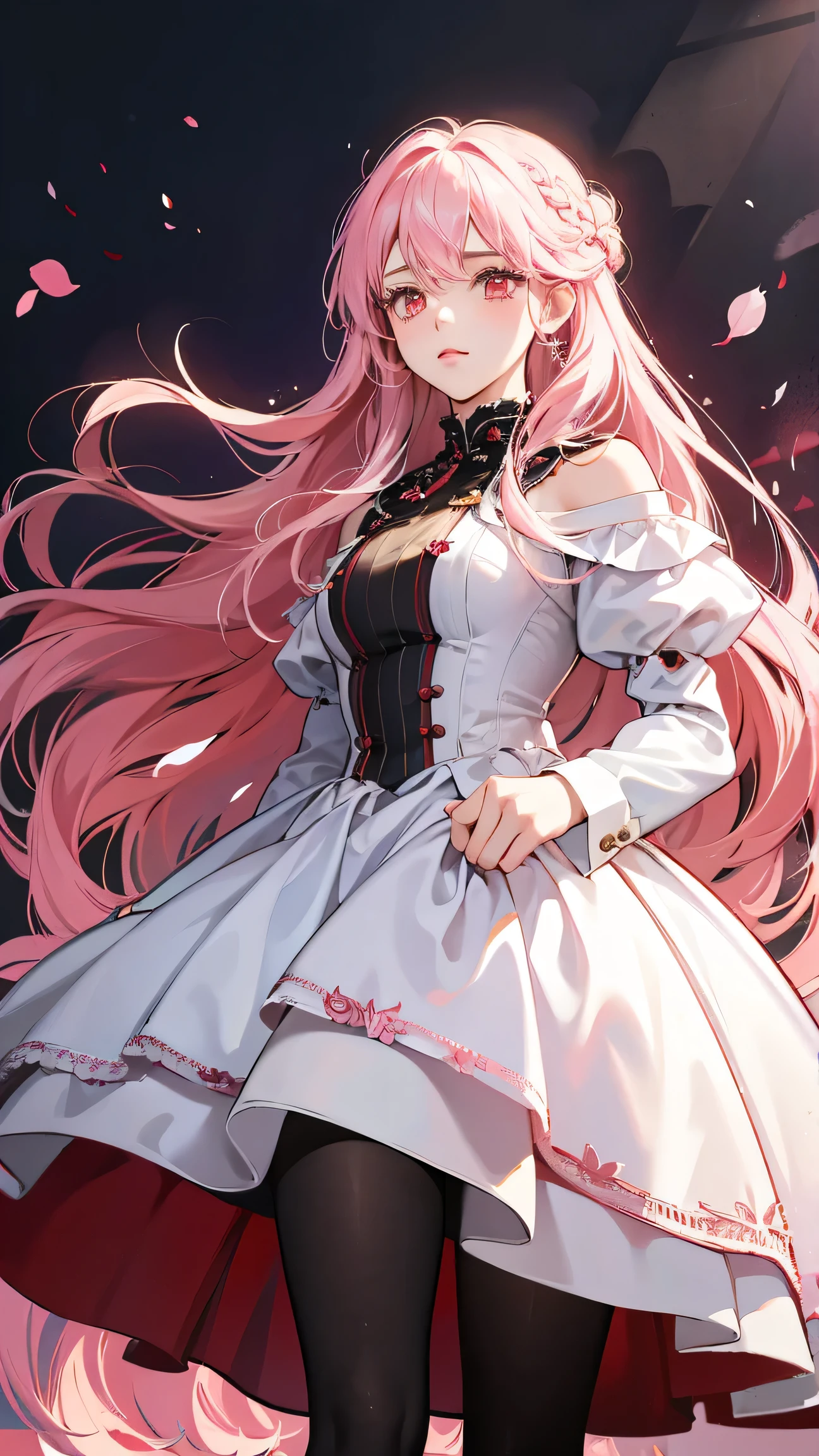 1girl, 30 years old, princess, white dress, , pink hair, long hair, red eyes, black pantyhose, stoic, egoist 