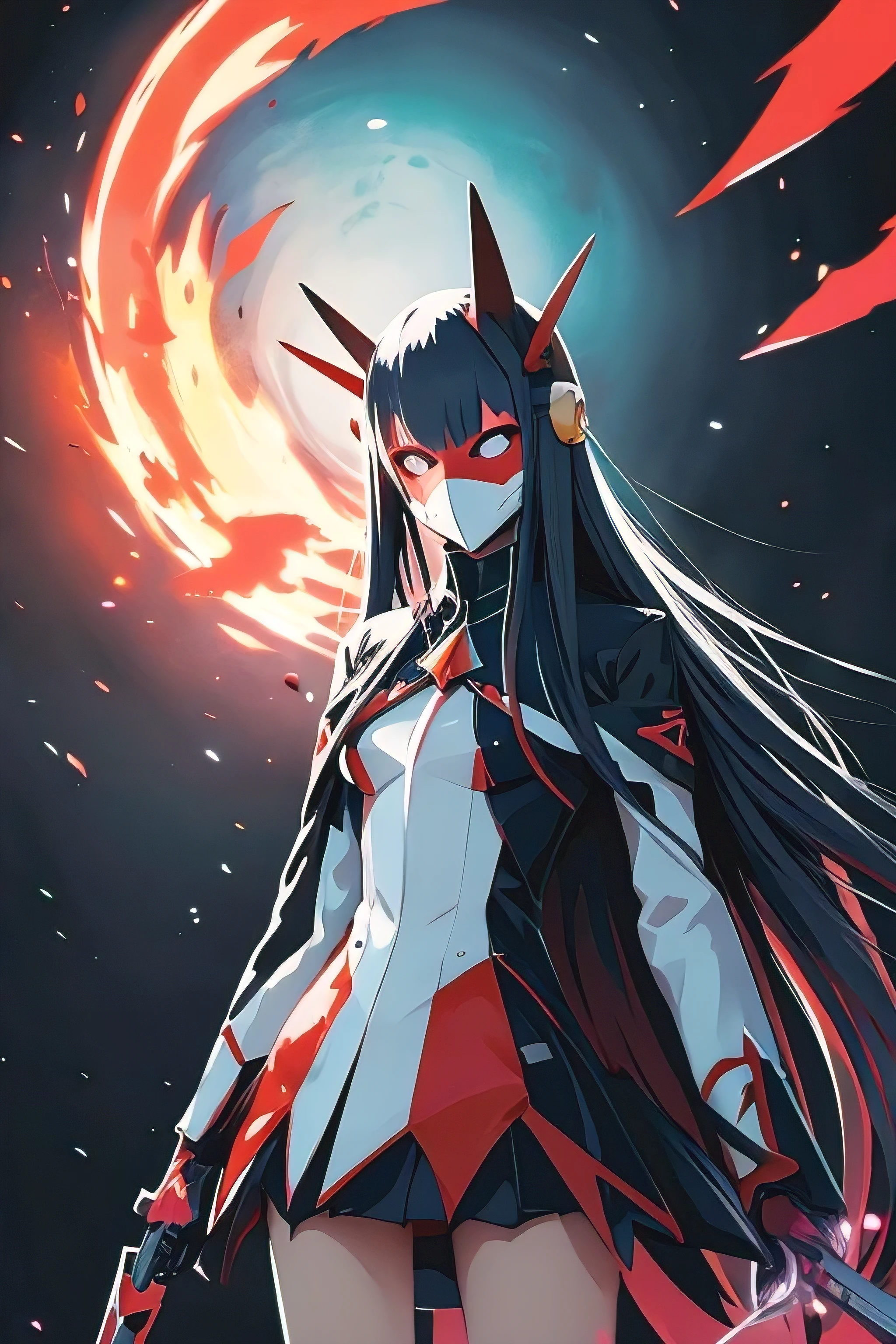 Zero Two / Darling in the Franxx ] Wearing a mask, Barbaric |, by Kamisaka Sekka, Barbaric art style, Beautiful art illustrations, Digital art on pixiv, Anime illustration, Colorful illustration, Supernatural art style, Strange and dark art style, Trending Anime Art, digital Anime illustration, tumbler, by Yanagawa Nobusada