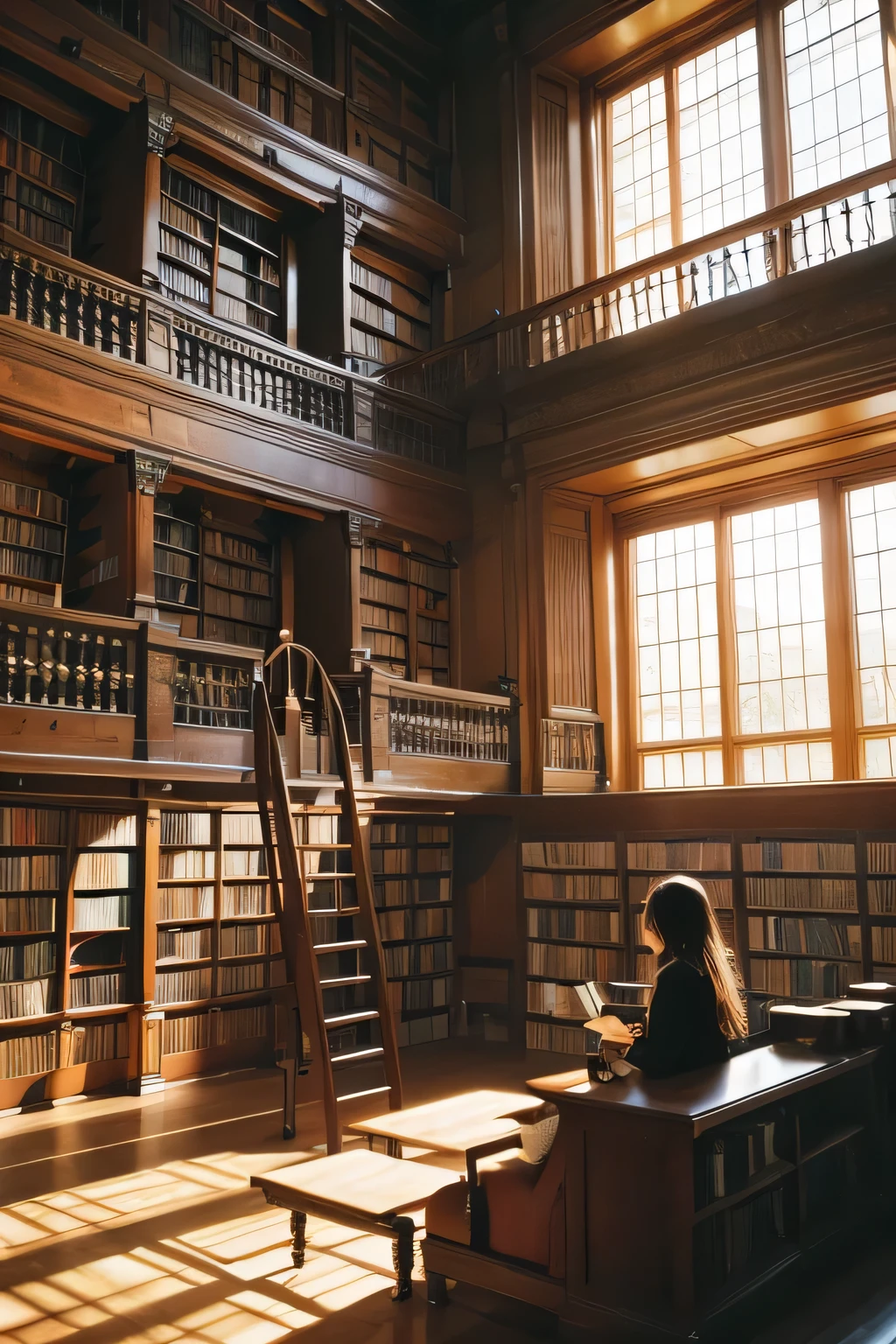 A woman in her twenties exploring an old library、High ceilings and heavy wooden bookshelves、A library filled with old books、The moment when the hair shines in the backlight、