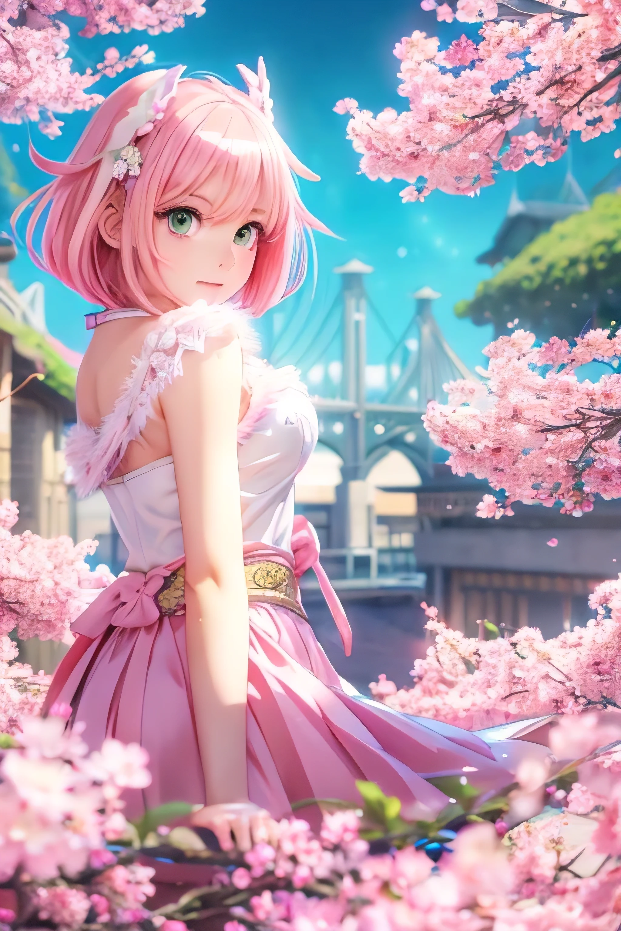 Anime girl with pink hair and green eyes posing for a photo, haruno sakura, Best Anime 4K Konachan Wallpaper, Enchanting anime girl, marin kitagawa fanart, sakura petals around her, Splash Art Anime , Anime Style 4k, Anime Moe Art Style, High quality anime art style, Detailed anime artwork, Anime Wallpaper, Anime Best Girl