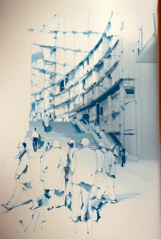 Person walking down the street々Group painting, architectural drawing, architectural drawing, Architectural sketches, Line art, Architectural Illustration, by Tadeusz Kantor, by Antonio Rotta, by Alan Sutherland, Line art, By Paolo Parente, Line art, architectural drawing, by João Artur da Silva, Paul Lohse, Sketch illustration