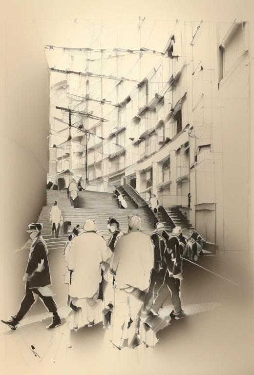 Person walking down the street々Group painting, architectural drawing, architectural drawing, Architectural sketches, Line art, Architectural Illustration, by Tadeusz Kantor, by Antonio Rotta, by Alan Sutherland, Line art, By Paolo Parente, Line art, architectural drawing, by João Artur da Silva, Paul Lohse, Sketch illustration