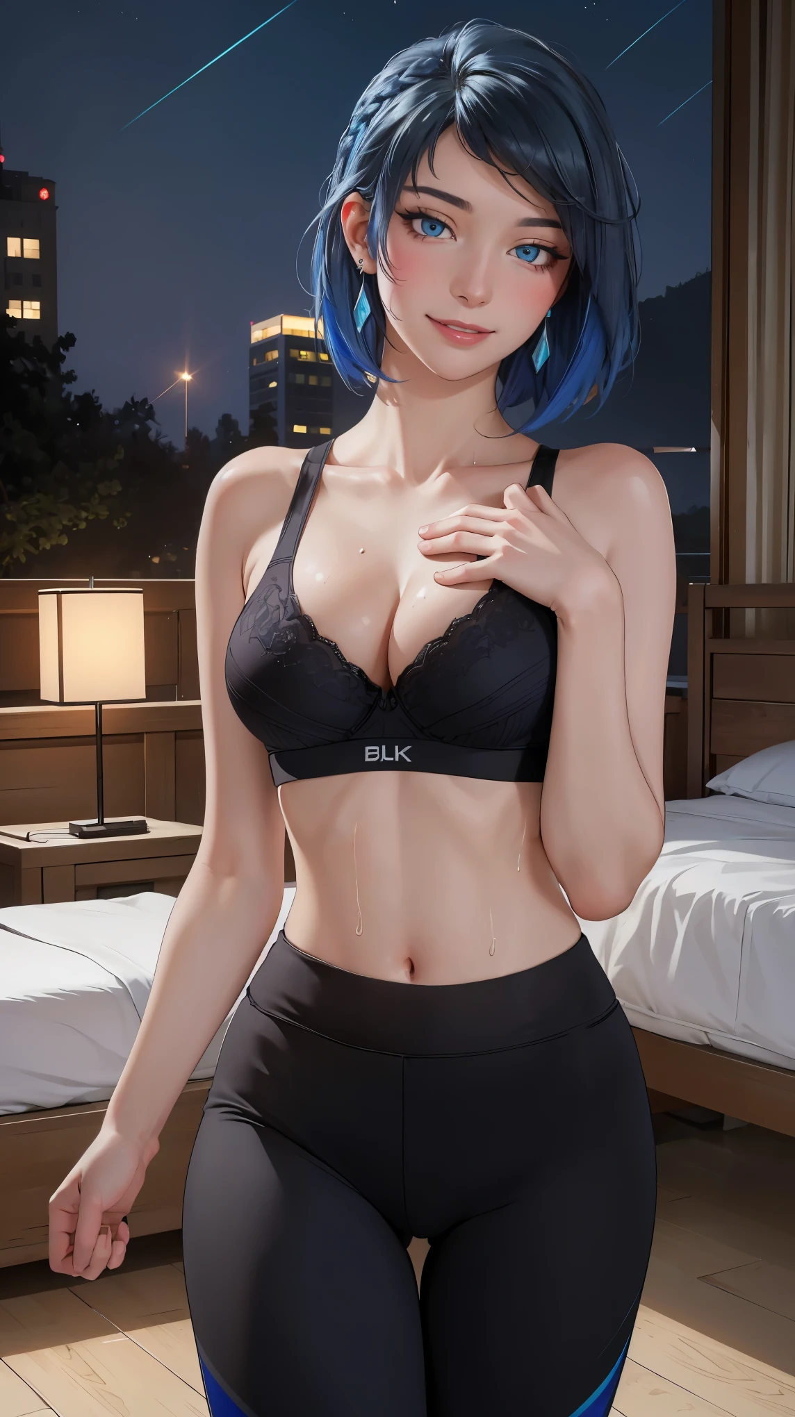 ((((masterpiece, best quality, high resolution)))), Extremely detailed 8K, Beautiful girl with voluptuous body, (Ultra HD, Ultra-detailed, Highly detailed, Highly realistic, Ultra-realistic, photograph realistic), (1girl:1.5), (Realistic blue hair), (short wavy hair, hair ornaments, earrings), (dynamic poses), facing at camera, looking at viewer, (blushing red, embarrassed, smile), (blue eyes, sharp eyes), (big perky breasts:1.2), (beautiful detailed face, beautiful detailed eyes), ((black sports bra, black yoga pants)), (detail pussy), (standing up), sweat, glow, (night time), ((cowboy shot)), bedroom, seductive