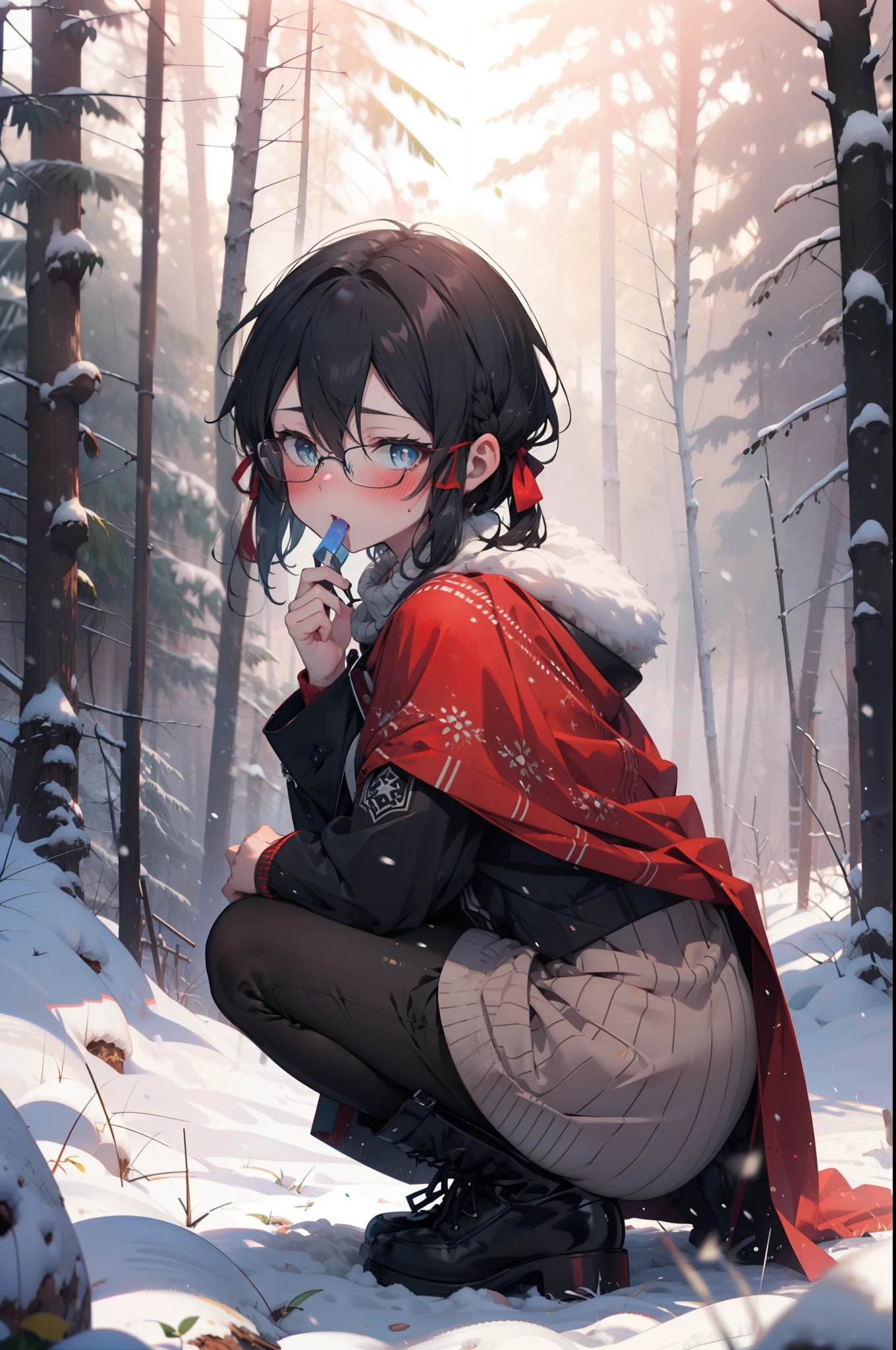 Shino Asada, Shino Asada, (black eye:1.5), Black Hair, Hair between the eyes, Hair Ribbon, short hair, Side Lock, Glasses, (Small breasts:1.2),blush,White Breath,
Open your mouth,snow,Ground bonfire, Outdoor, boots, snowing, From the side, wood, suitcase, Cape, Blurred, having meal, forest, White handbag, nature, Squat, Mouth closed, Cape, winter, Written boundary depth, Black shoes, red Cape break looking at viewer, Upper Body, whole body, break Outdoor, forest, nature, break (masterpiece:1.2), highest quality, High resolution, unity 8k wallpaper, (shape:0.8), (Beautiful and beautiful eyes:1.6), Highly detailed face, Perfect lighting, Extremely detailed CG, (Perfect hands, Perfect Anatomy),