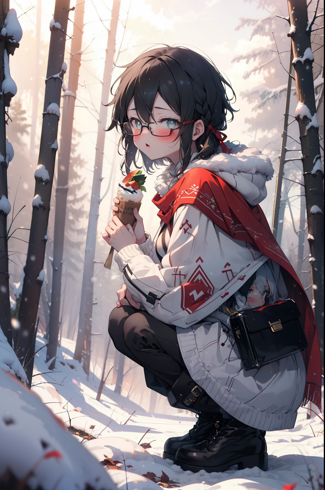 Shino Asada, Shino Asada, (black eye:1.5), Black Hair, Hair between the eyes, Hair Ribbon, short hair, Side Lock, Glasses, (Small breasts:1.2),blush,White Breath,
Open your mouth,snow,Ground bonfire, Outdoor, boots, snowing, From the side, wood, suitcase, Cape, Blurred, having meal, forest, White handbag, nature,  Squat, Mouth closed, Cape, winter, Written boundary depth, Black shoes, red Cape break looking at viewer, Upper Body, whole body, break Outdoor, forest, nature, break (masterpiece:1.2), highest quality, High resolution, unity 8k wallpaper, (shape:0.8), (Beautiful and beautiful eyes:1.6), Highly detailed face, Perfect lighting, Extremely detailed CG, (Perfect hands, Perfect Anatomy),