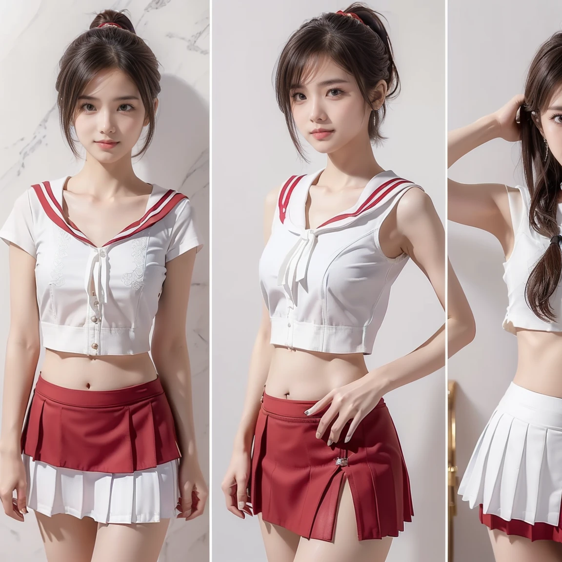 ((((8k))),((Extremely detailed CG)) ,(wallpaper),16k,((Very sophisticated and beautiful))，(((masterpiece))),(((highest quality))),(((超High resolution))),Beautiful lighting,Perfect Lightning,Realistic shadows,[High resolution],(Smooth and perfect white skin:1.5),(Pale skin:1.3),Extremely detailed facial details,(Perfect body:1.1),Super detailed,Beautiful woman,alone,Small Head,ponytail、(Short Hair:1.5),Small face,Exquisite makeup,(Medium chest:1.1),Medium chest,slim,thin,Happy,(smile:1.0),(Thin legs:1.1),(whole body:1.1),(Gaunt:1.1 ), (Skinny:1.1),(Sailor suit,Close-fitting clothing,skindentation,belly button:1.2),((Plate skirt,Red short skirt:1.4))((Fleet Collection,Kantai Collection,Yao:1.2))