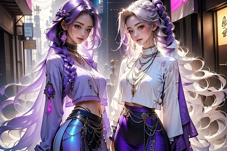 highest quality, Very detailed, masterpiece, Two women posing happily,(((Perfect female body))),Very beautiful face, Very beautiful body,Gentle expression, Very beautiful eyes,(Perfect Makeup:1.1),Fashion Model,DJ Style,Pink and blue cyberpunk fashion, Mullet Cut,Shaggy Hair,(Very long braided hair dyed white and purple: 1.5), very thin body,Smart Abs,((Monogram pattern:1.3)),Blue to red gradient,Fishnet blouse,((Long leg pencil skirt,anklet)),LED Light,Two-tone high-top sneakers,A kind smile,Cooboy Shot:1.3,Portraiture,(Cyber City:1.3), (Shiny skin),(Earrings),Elegant scarves,See-through long shawl,Liquid Metal,Pirate Belt,,