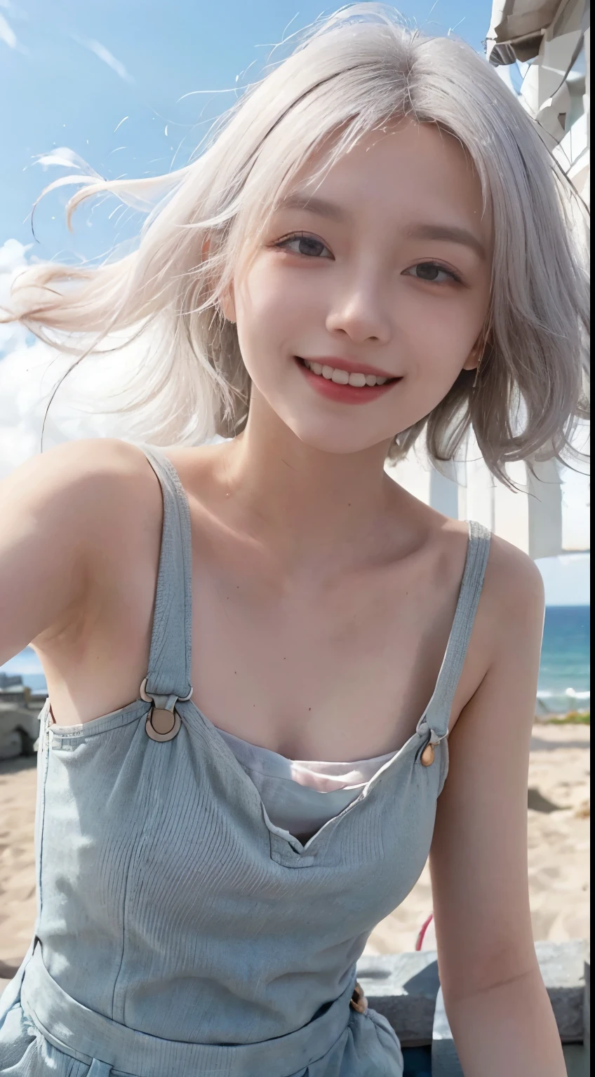 Best image quality、RAW Photos、超A high resolution、21 years old Korean、Small breasts、Dynamic Angle、Cowboy Shot、Chaos in its most beautiful form、elegant、Brutalist Design、Vibrant colors、Beautiful white hair、Short Bob、smile、fun、smile、Glowing White Skin、Beautiful eyes with random colors、Very thin lips、Beautiful eyes in every detail、length, Narrow eyes、Cheeks are pale pink、length eyelashes、Beautiful double eyelids、eye shadow、Bright white hair、Overalls、Sandy Beach、null、Shooting from below at an angle、Low - Angle、The wind is blowing、Hair fluttering