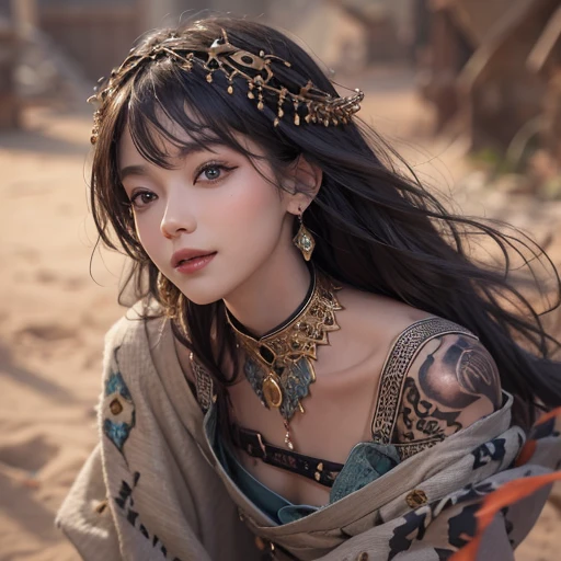 Hiding in the desert、Hair flow、 ((highest quality、masterpiece、8k、Best image quality、Ultra-high resolution、Award-winning works)、(Accurate anatomy:1.1)、(Look at me and smile:1.1)、Shining fair skin with Ultra-high resolution、The most detailed face、Ultra-high resolution detailed face、Ultra-high resolution hair、(Ultra-high resolutionのeyes :1.1)、Beautiful face drawn in every detail、(Blurred Background:1.1)、Ancient Islamic clothing, Chest to chest, tattoo, Old ruins in the background、Black leopard