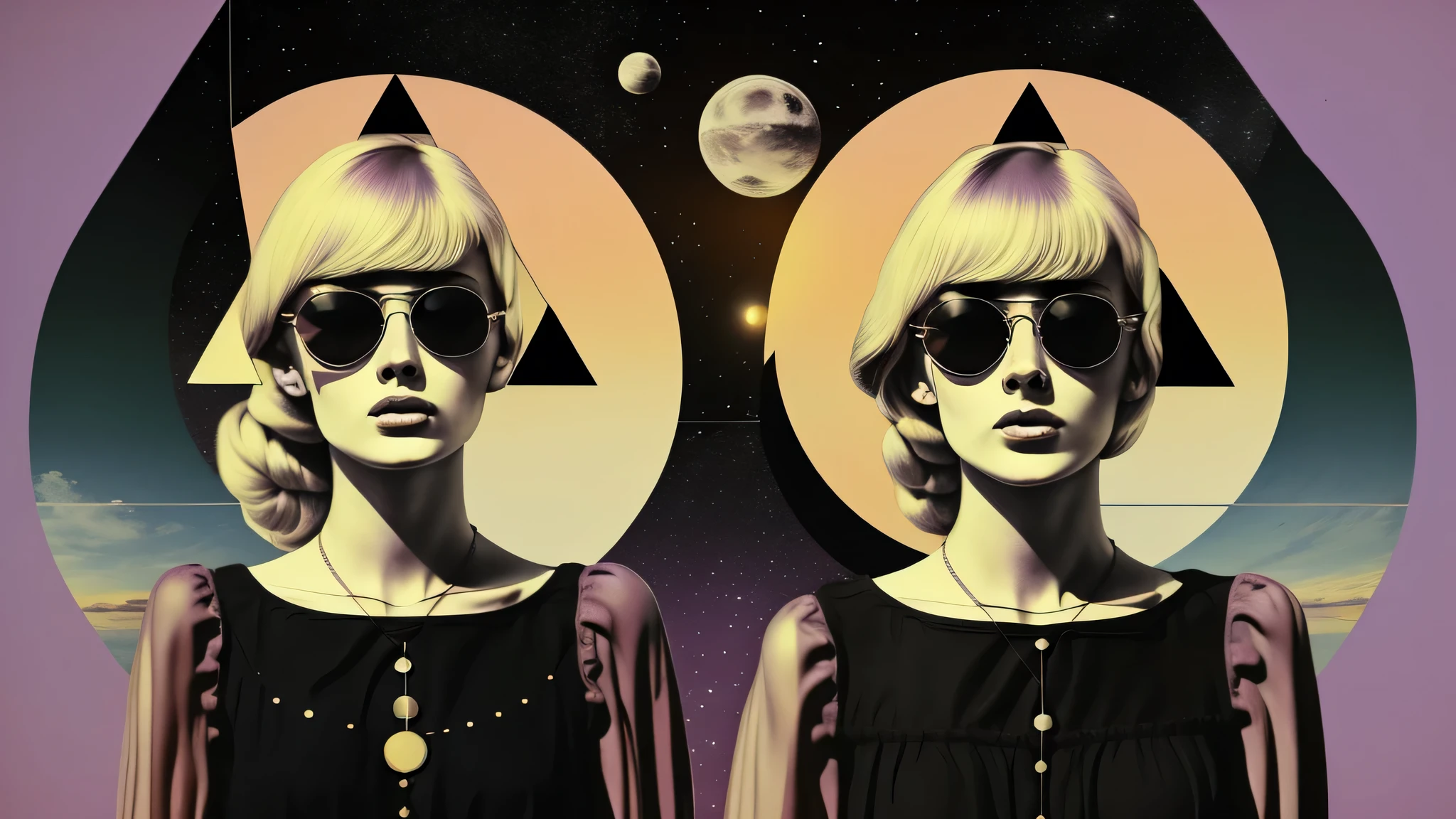 There is a triangle and a crescent moon above his head.、Blonde European woman wearing sunglasses on purple background with green circles