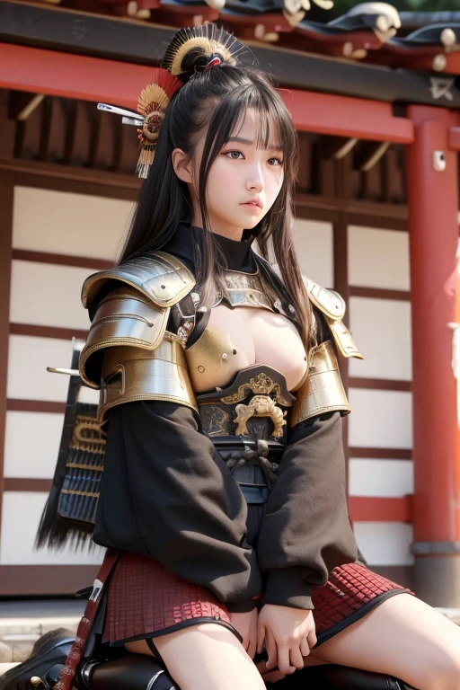 Ultra high definition、High resolution、8k、Raw photo、1 beautiful teenage Japanese woman、Big beautiful eyeedium chest、Black semi-long hair、(samurai armor:1.5), (kneeling), (cowboy shot:1.2), nice angle, nice posture, (outdoor, kyoto)