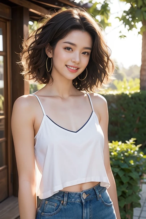 highest quality、4K、beautiful、Perfect Face、healthy wheat skin、White camisole 、jeans、Beautiful abs、Large Breastoderate muscle、Dark brown curly hair、Swept-back hair、Double、Friendly atmosphere、smile、Outdoor、Light of the sun、Pictured from head to toe、whole body、Small face、Stylish、A big smile、Long Hair