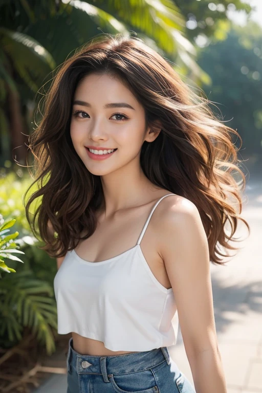 highest quality、4K、beautiful、Perfect Face、healthy wheat skin、White camisole 、jeans、Beautiful abs、Large Breastoderate muscle、Dark brown curly hair、Swept-back hair、Double、Friendly atmosphere、smile、Outdoor、Light of the sun、Pictured from head to toe、whole body、Small face、Stylish、A big smile、Long Hair