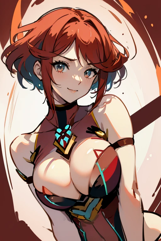 (masterpiece), best quality, expressive eyes, perfect face, busty, cleavage, large breasts, bare arms, smile, simple red background, muscular body, pyra, pyra \(xenoblade\)