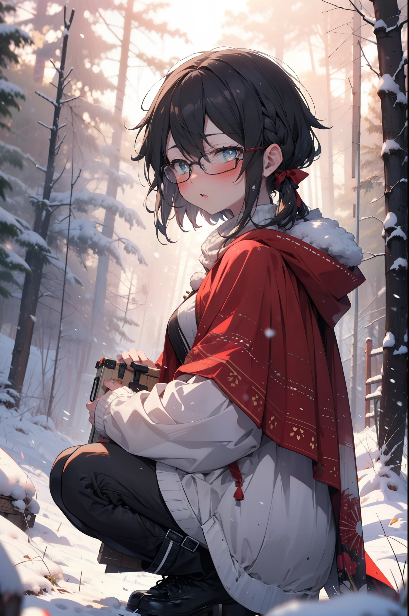 Shino Asada, Shino Asada, (black eye:1.5), Black Hair, Hair between the eyes, Hair Ribbon, short hair, Side Lock, Glasses, (Small breasts:1.2),blush,White Breath,
Open your mouth,snow,Ground bonfire, Outdoor, boots, snowing, From the side, wood, suitcase, Cape, Blurred, having meal, forest, White handbag, nature,  Squat, Mouth closed, Cape, winter, Written boundary depth, Black shoes, red Cape break looking at viewer, Upper Body, whole body, break Outdoor, forest, nature, break (masterpiece:1.2), highest quality, High resolution, unity 8k wallpaper, (shape:0.8), (Beautiful and beautiful eyes:1.6), Highly detailed face, Perfect lighting, Extremely detailed CG, (Perfect hands, Perfect Anatomy),